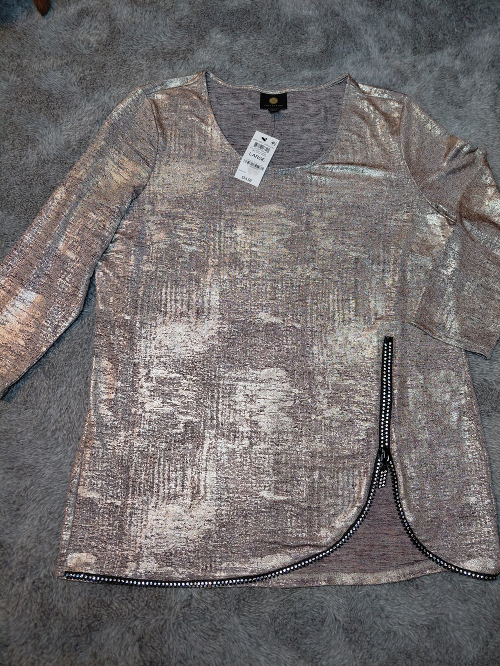 Unique Beauty Metallic Gold Women’s Top with Rhinestone Trim